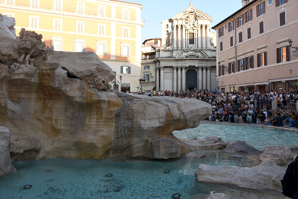 Side view of the Trevi Fountain.