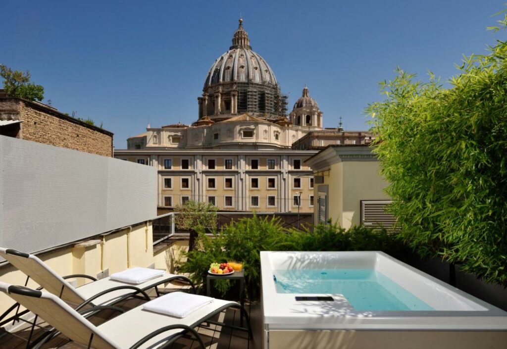 A rooftop jacuzzi with a stunning city view.